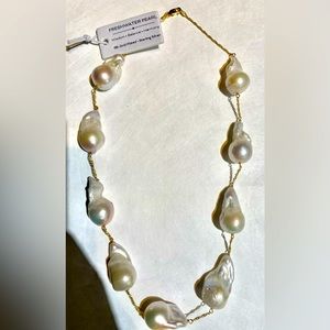 Nine freshwater baroque pearl necklace in 18k gold plate & sterling silver, NEW